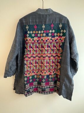Blue Thai raw silk jacket with huge embroidery panel, silver dragon buttons
